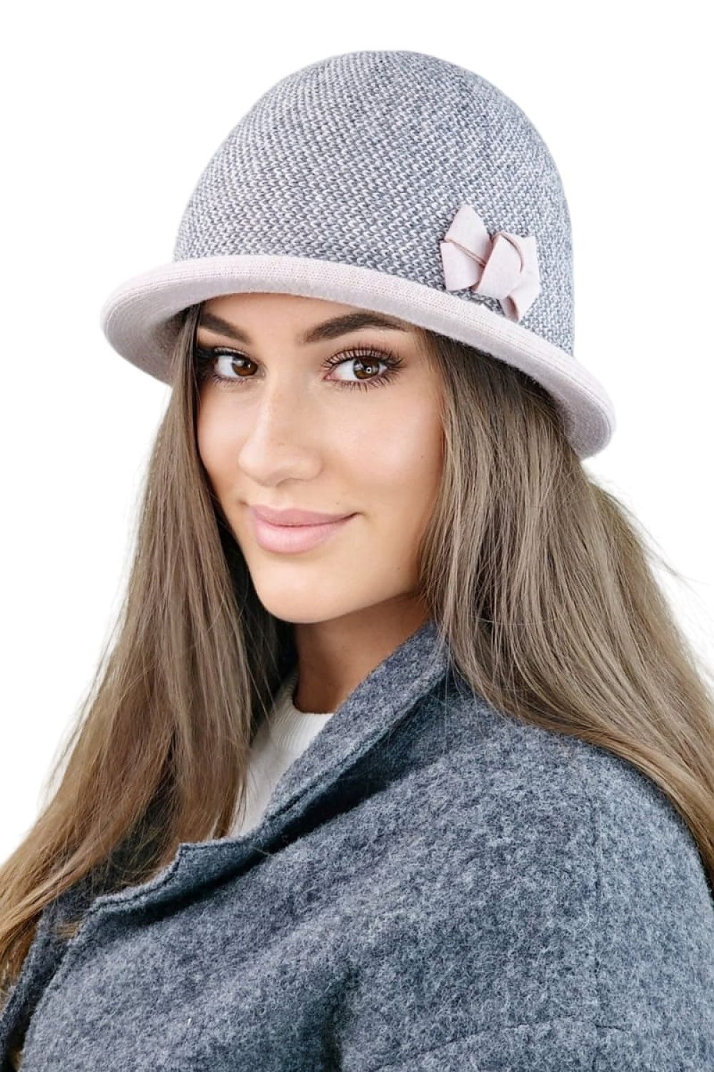 Premium Elegant Women's Winter Hat Kamea Pink Pepita with Bow and Logo | Luxurious Warmth and Style