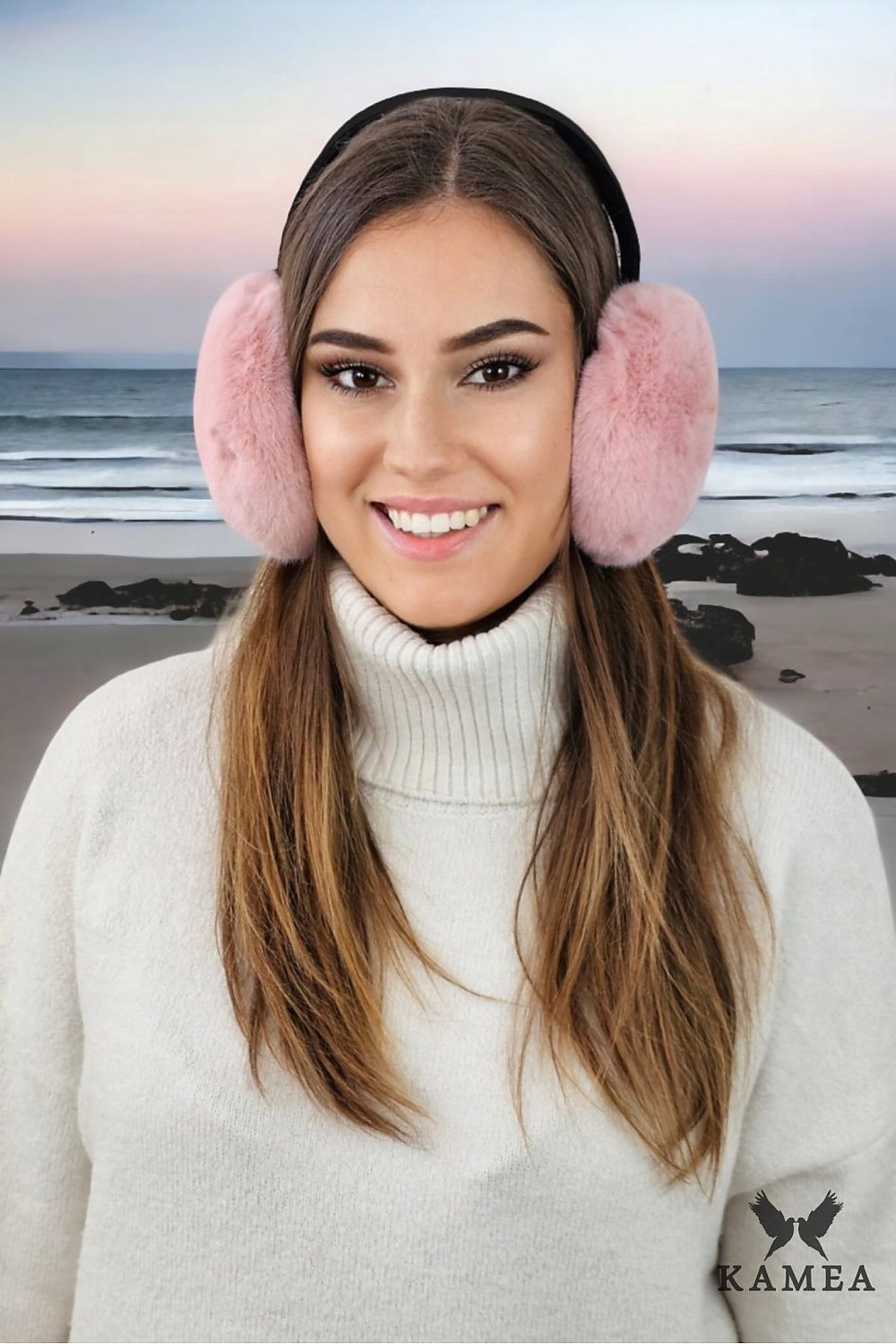 Premium Kamea Aster Faux Fur Earflaps Earmuffs - Soft, Foldable Design in Elegant Pink
