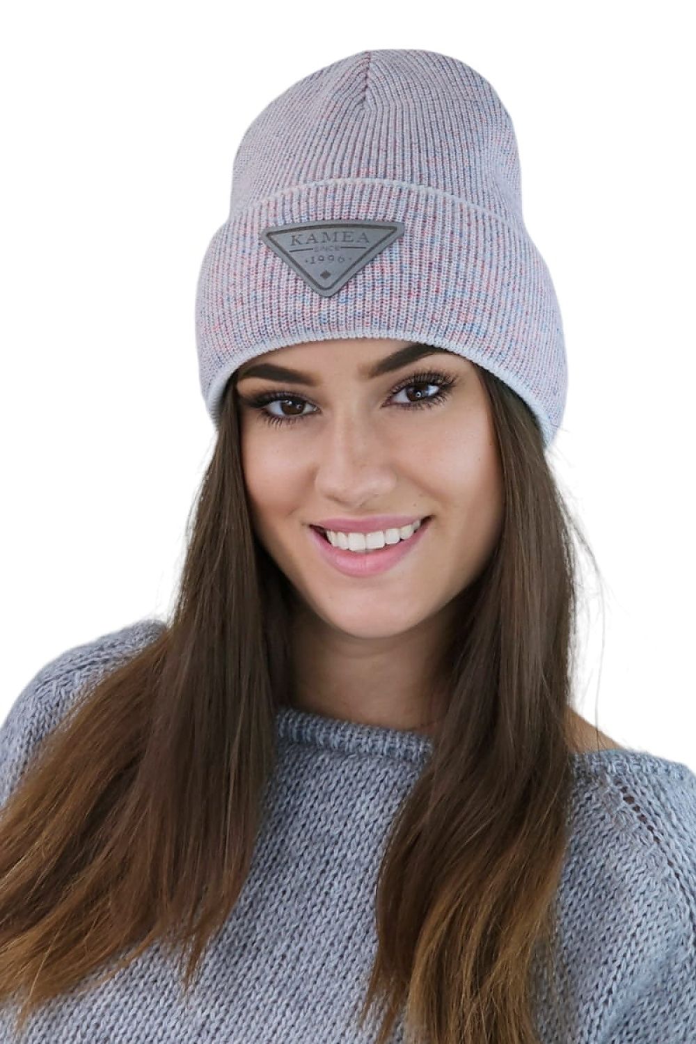 Kamea Premium Naomi Beanie - Luxurious Two-Tone Winter Hat with Eco-Leather Patch