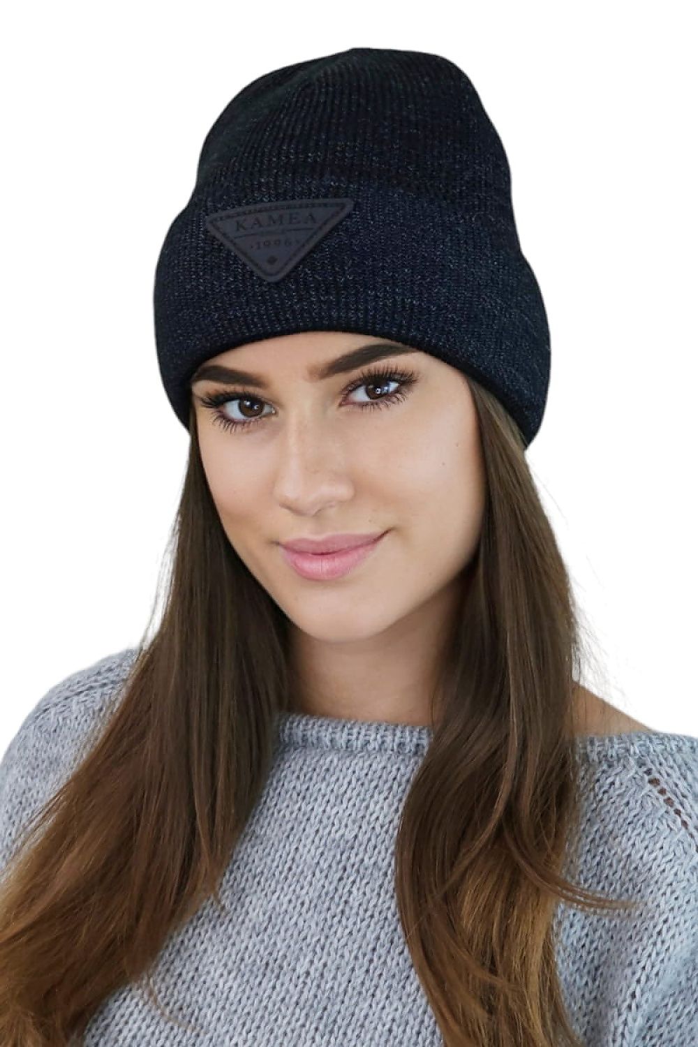 Kamea Premium Naomi Beanie - Luxurious Two-Tone Winter Hat with Eco-Leather Patch