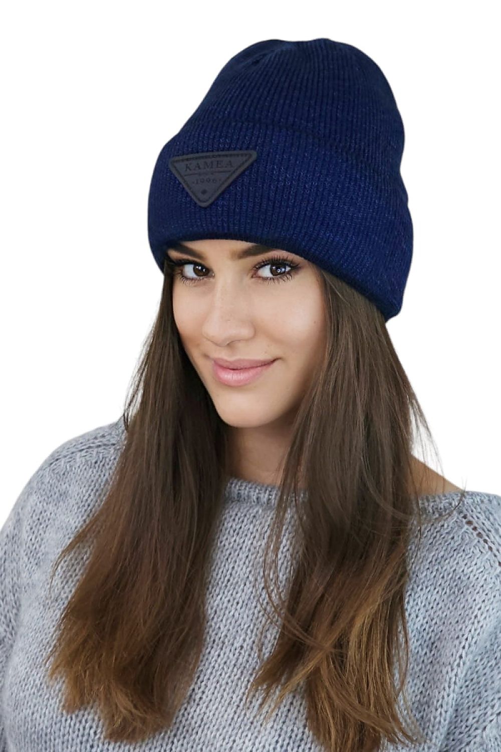Kamea Premium Naomi Beanie - Luxurious Two-Tone Winter Hat with Eco-Leather Patch