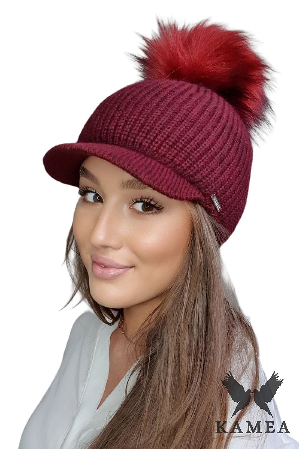 Premium Burgundy Winter Women's Hat with Mohair and Fluffy Pompon - Kamea Cap