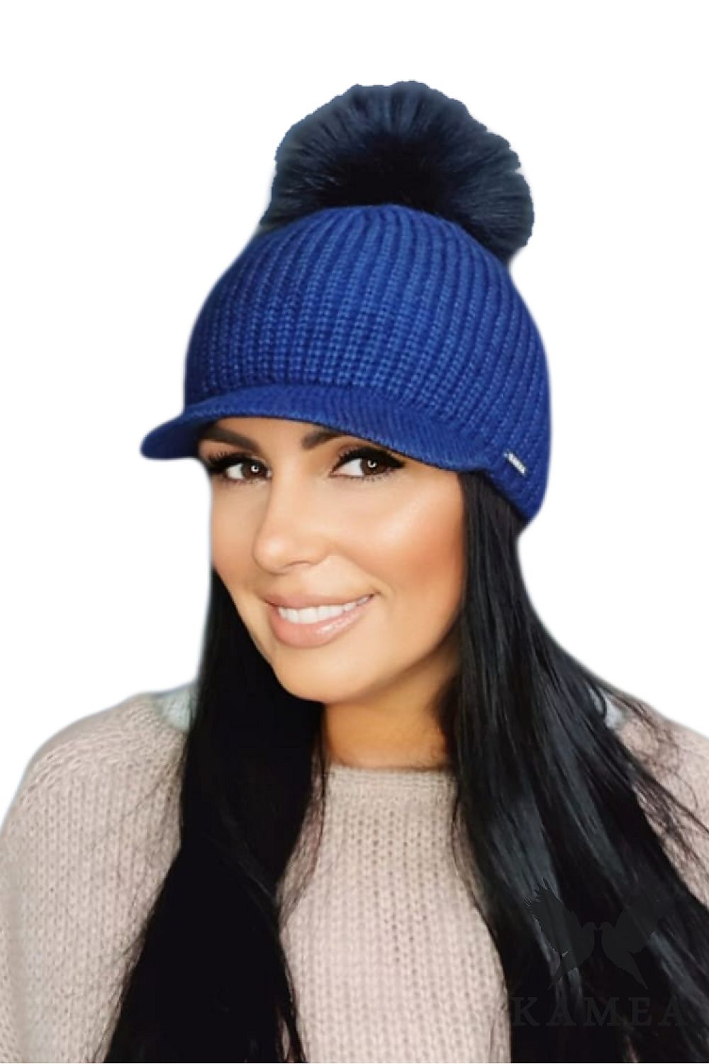 Premium Burgundy Winter Women's Hat with Mohair and Fluffy Pompon - Kamea Cap