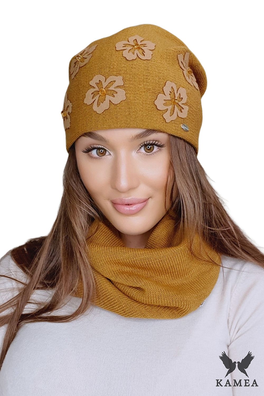 Premium Mustard Women's Hat Naila by Kamea with Floral Detail and Silver Zircons
