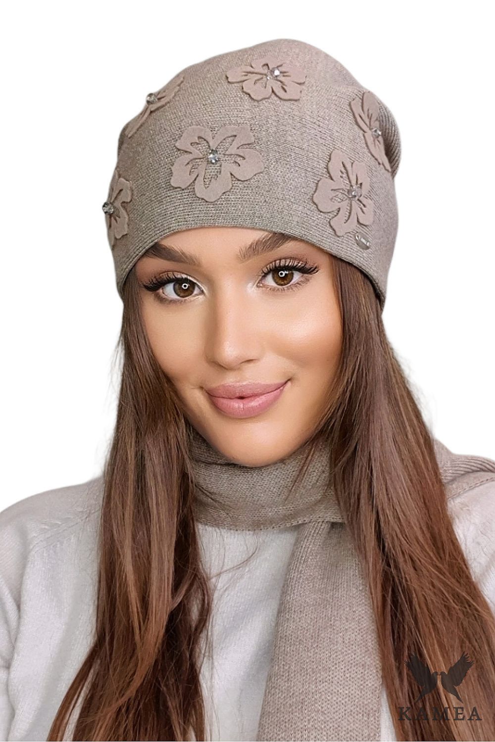 Premium Mustard Women's Hat Naila by Kamea with Floral Detail and Silver Zircons