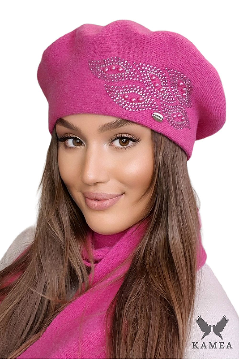 Premium Raspberry Women's Wool Beret with Pearls and Jet Beads by Kamea