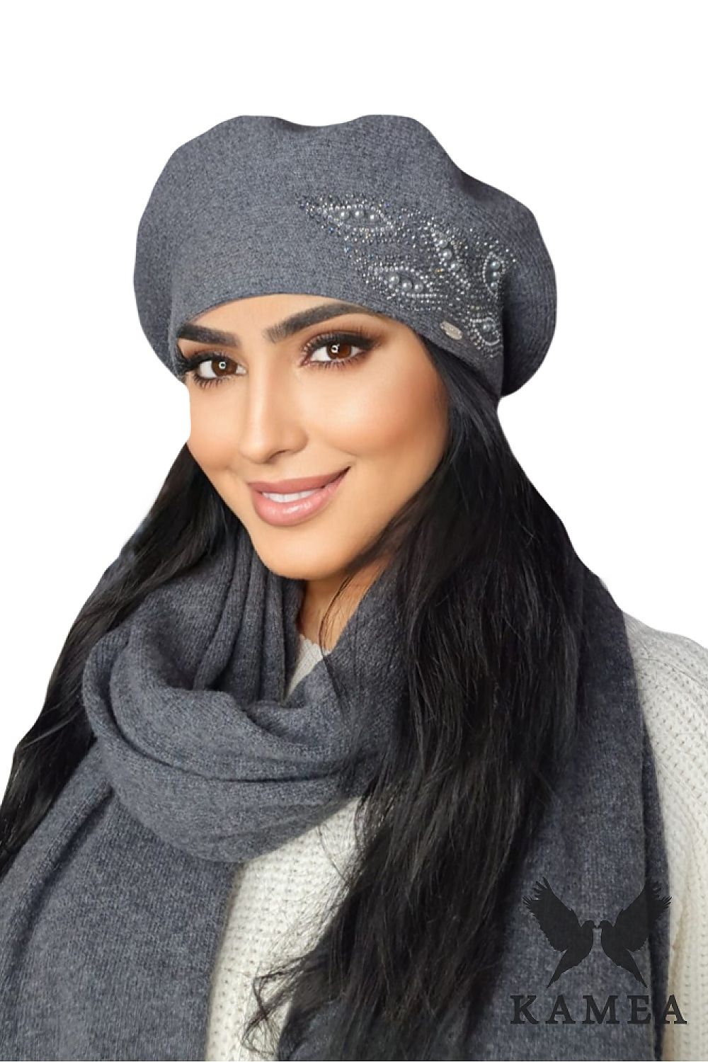 Premium Raspberry Women's Wool Beret with Pearls and Jet Beads by Kamea