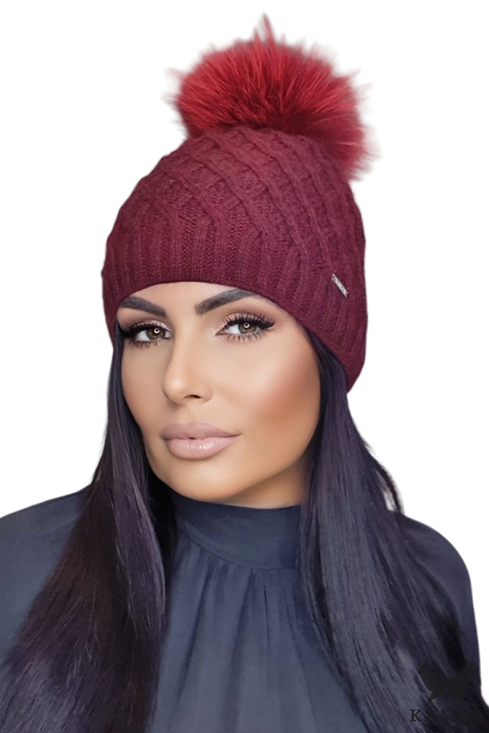 Premium Burgundy Mohair Wool Pom-Pom Hat for Women by Kamea - Shakti Noble Beauty Collection