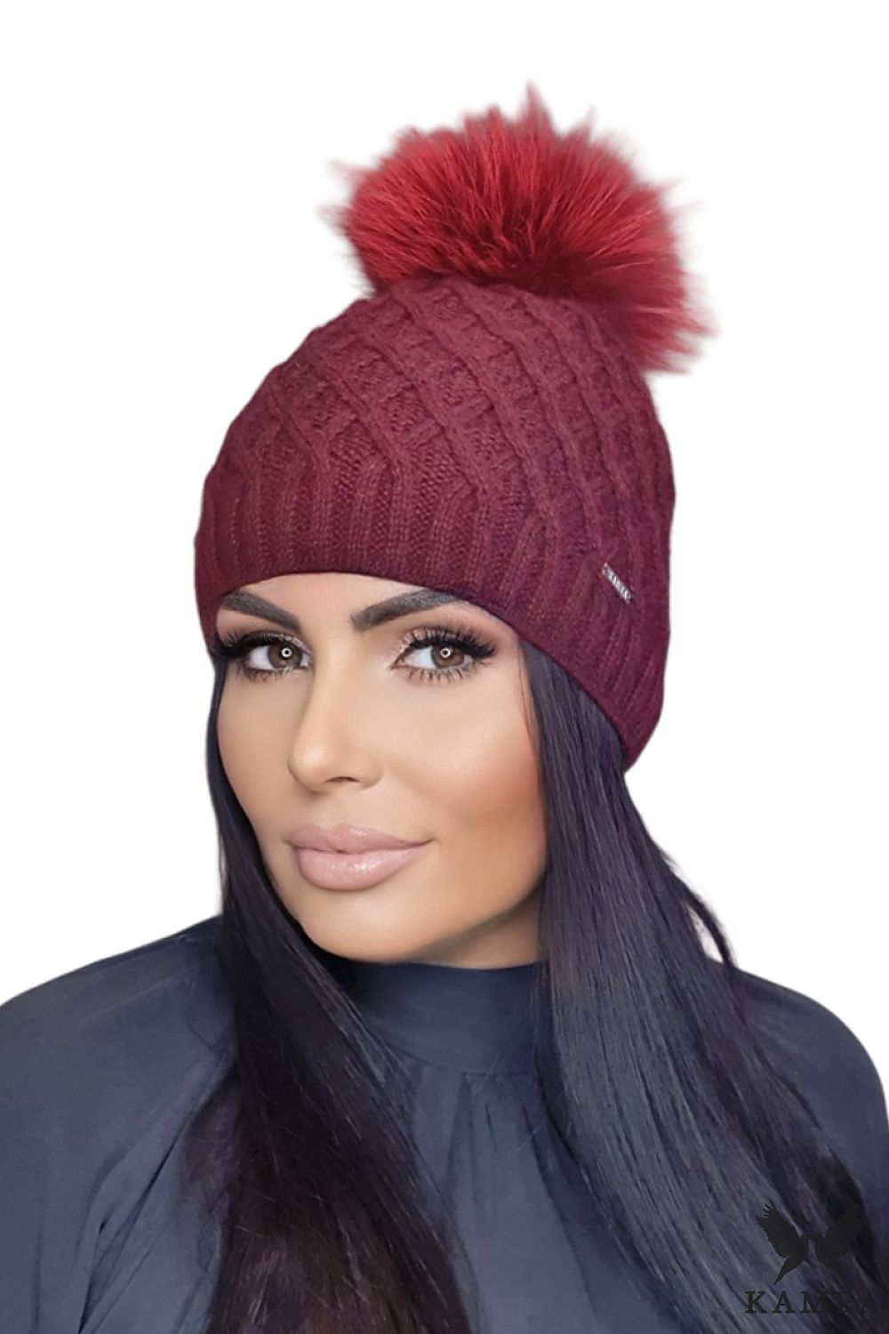 Premium Burgundy Mohair Wool Pom-Pom Hat for Women by Kamea - Shakti Noble Beauty Collection