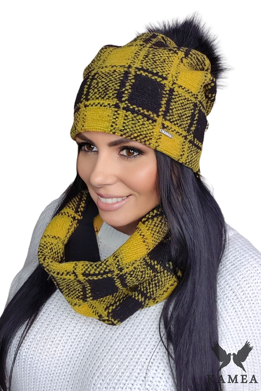 Premium Gambit Women's Mustard Winter Set - Wool Hat and Scarf with Checkered Pattern and Fur Pom-Pom