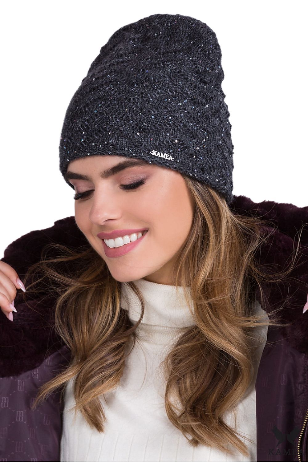 Premium Kamea WENUS Women's Hat with Mohair Wool, Lined for Warmth and Elegance, Sequined Fir Tree Pattern