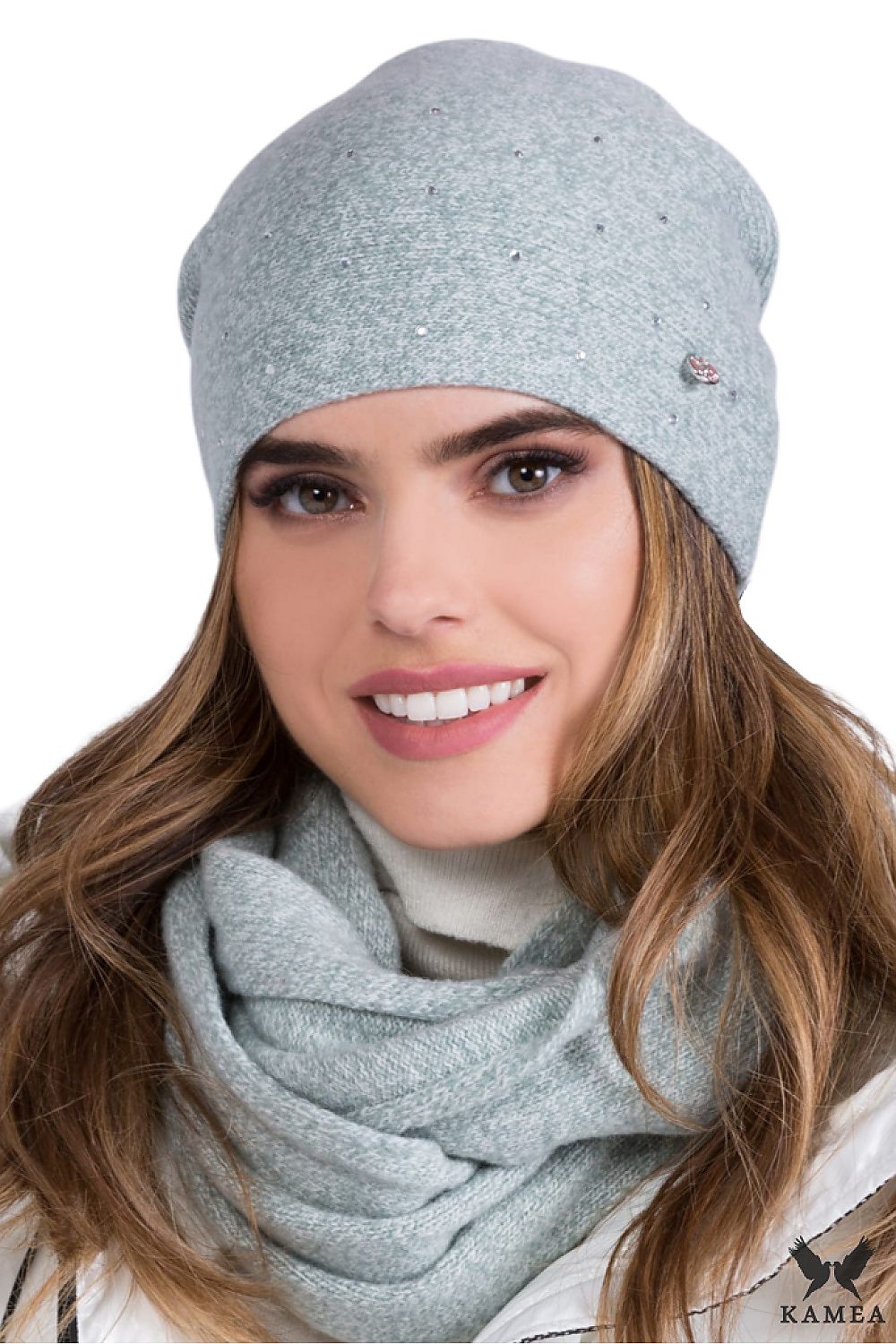 Premium Mint-Coloured Wool Hat with Sparkling Zircon Embellishments by Kamea
