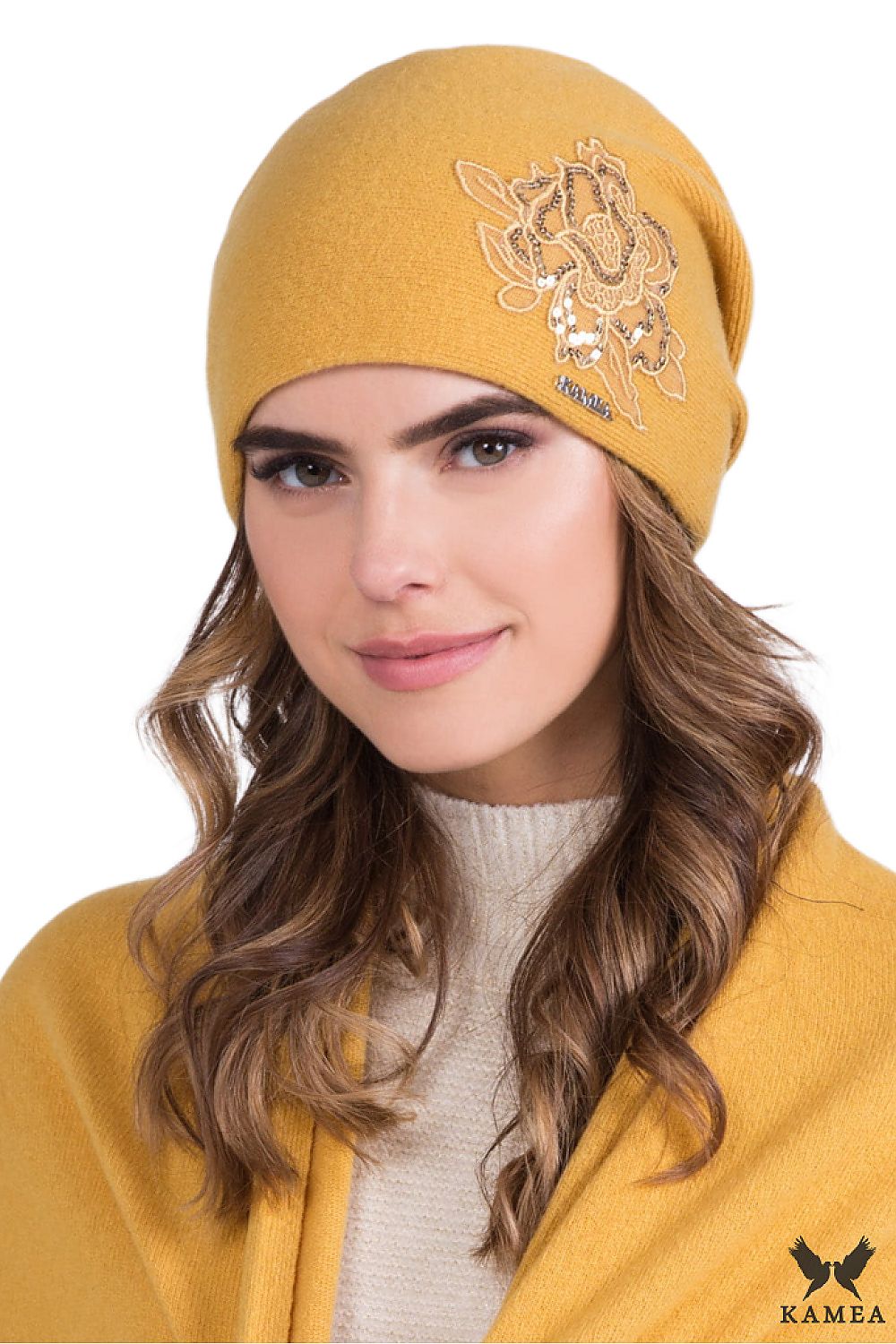Premium Mustard Wool Hat By Kamea With Embroidered Design And Luxury Sequins