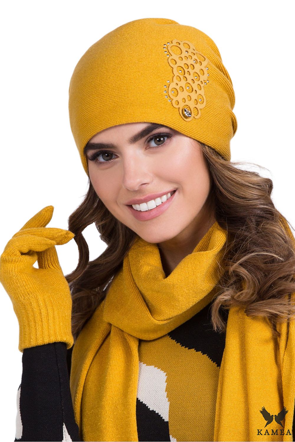 Premium Women's Mustard Kamea Hat with Zircon Decoration and Comfortable Lining