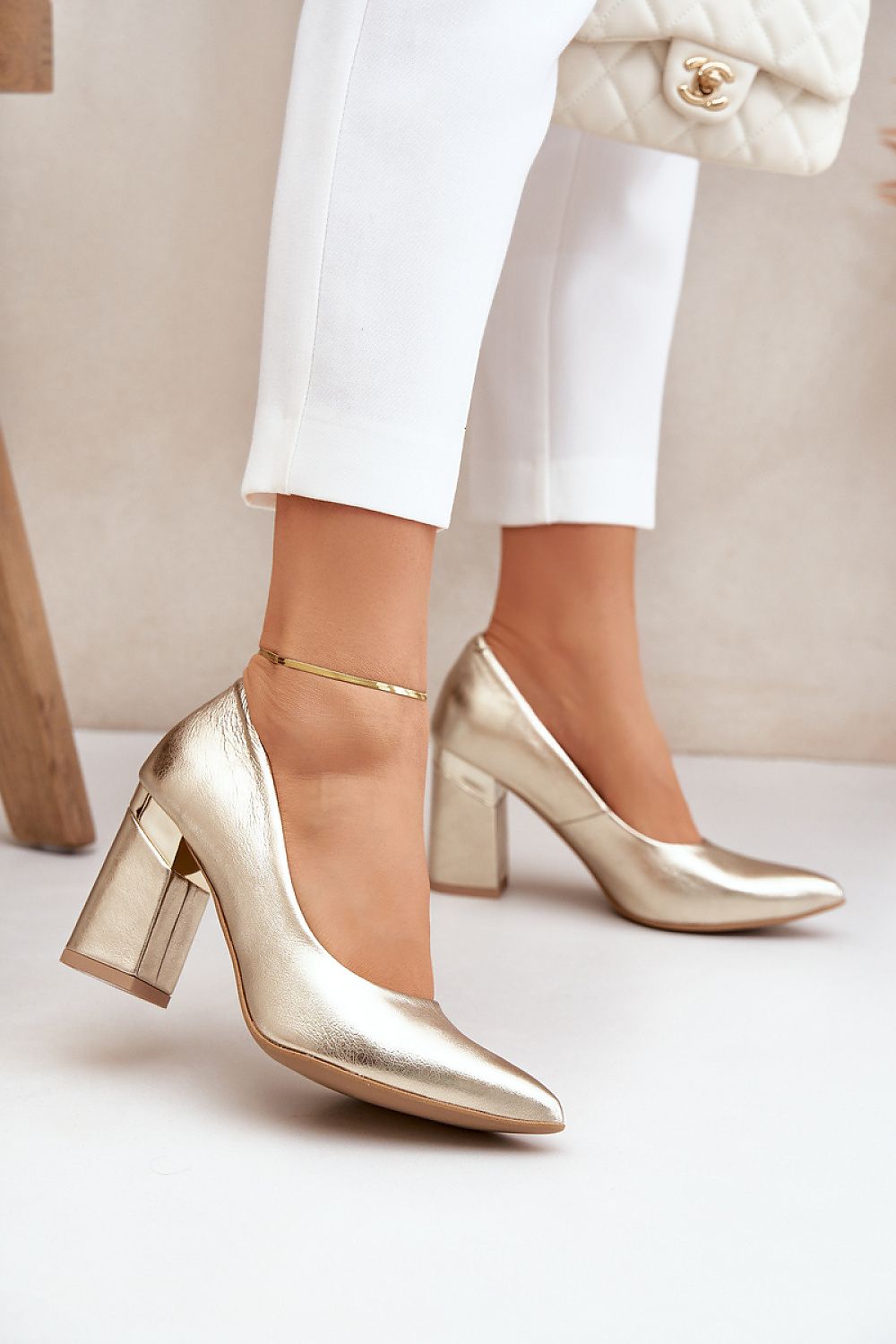 Elegant 9Cm Block Heel Pumps in Natural Leather with Unique Heel Detail by Lewski Shoes