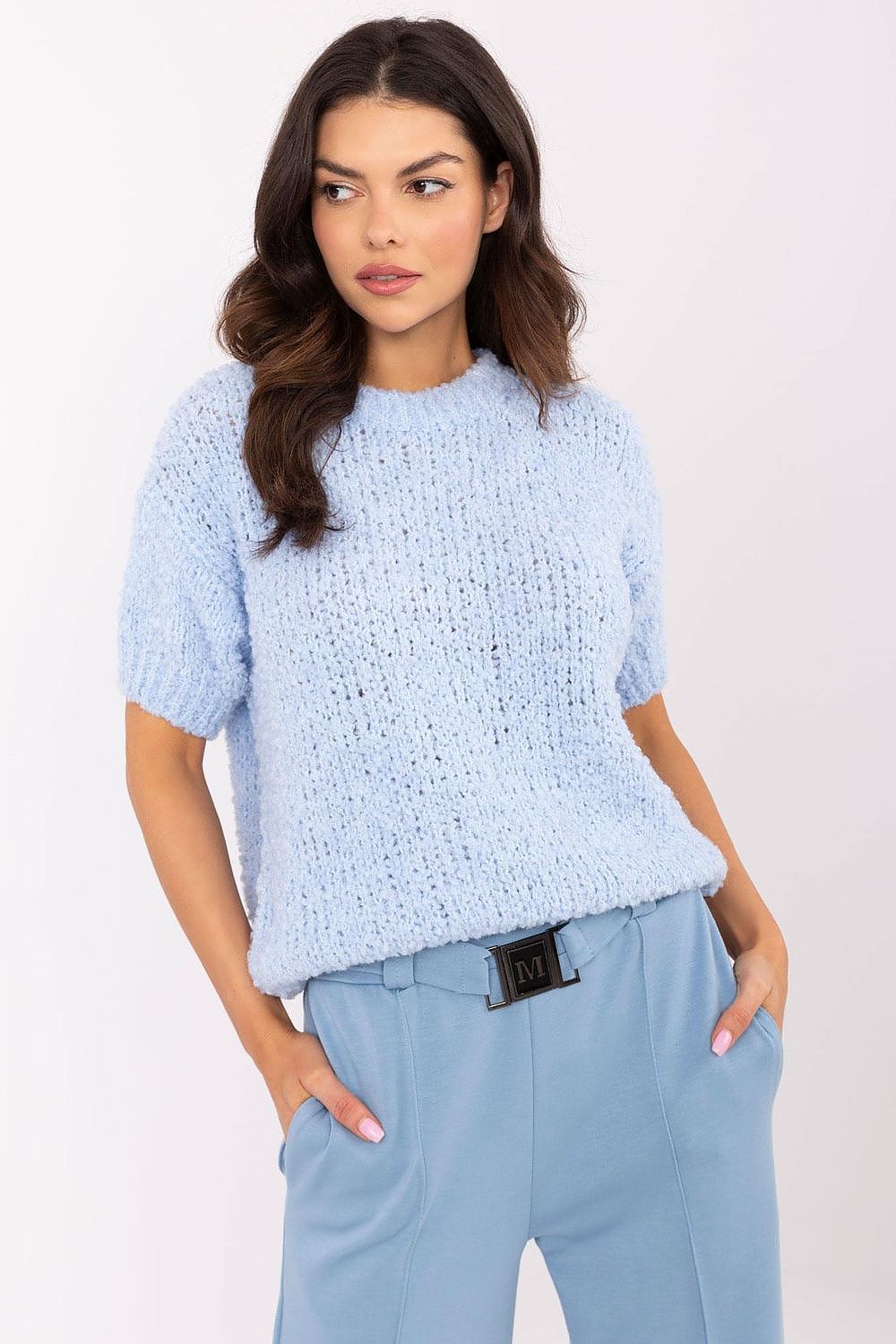 Luxury Women's Short Sleeve Sweater by Italy Moda, EU Size 0, Elegant Acrylic-Wool Blend