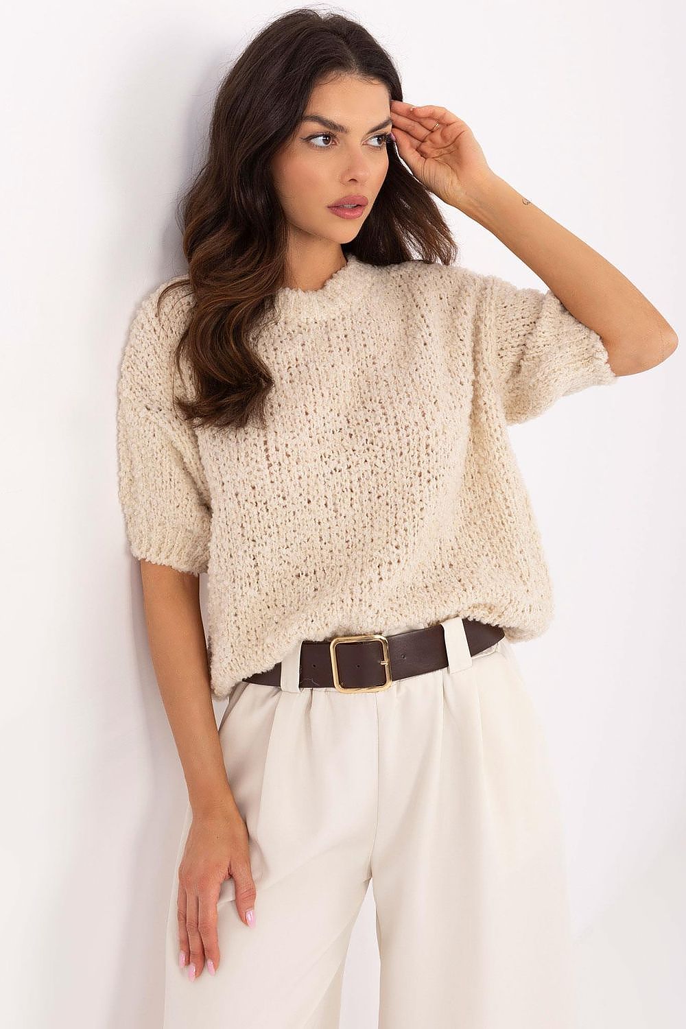 Luxury Women's Short Sleeve Sweater by Italy Moda, EU Size 0, Elegant Acrylic-Wool Blend