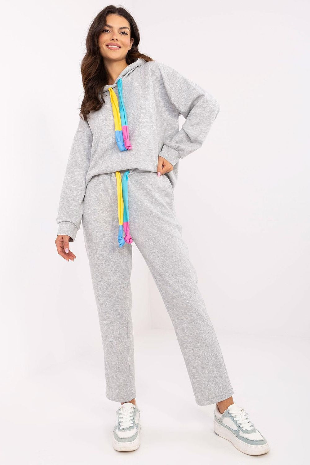 Italy Moda Casual Sweat Suit Set EU 0, High Waist, Hooded Sweatshirt & Pockets, Melange Grey