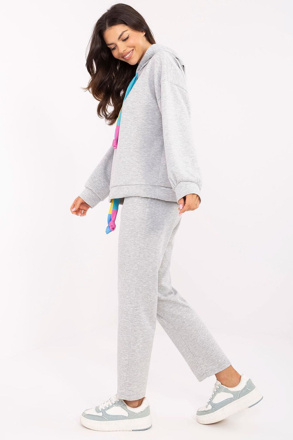 Italy Moda Casual Sweat Suit Set EU 0, High Waist, Hooded Sweatshirt & Pockets, Melange Grey