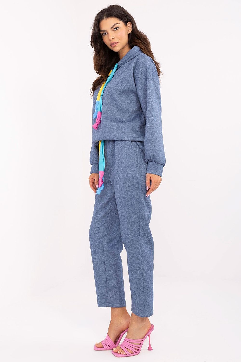 Italy Moda Casual Sweat Suit Set EU 0, High Waist, Hooded Sweatshirt & Pockets, Melange Grey