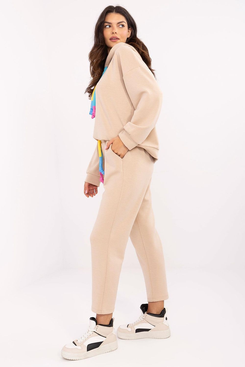 Italy Moda Casual Sweat Suit Set EU 0, High Waist, Hooded Sweatshirt & Pockets, Melange Grey