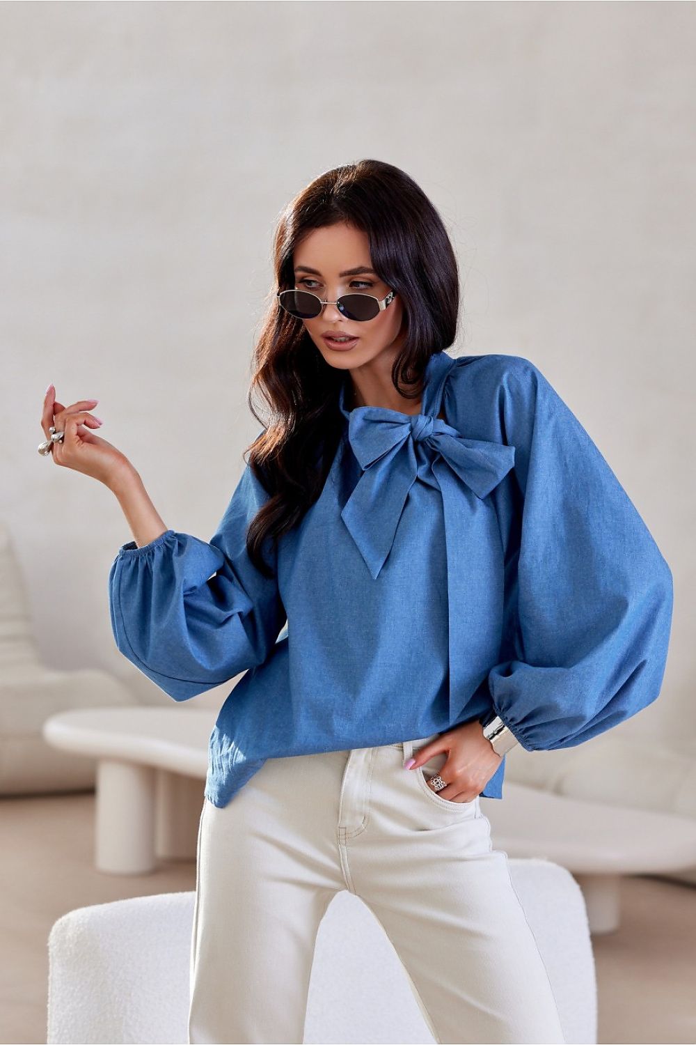 Roco Fashion Cotton Blouse with Long Puffy Sleeves, Decorative Lacing - Sizes EU 36 to 40
