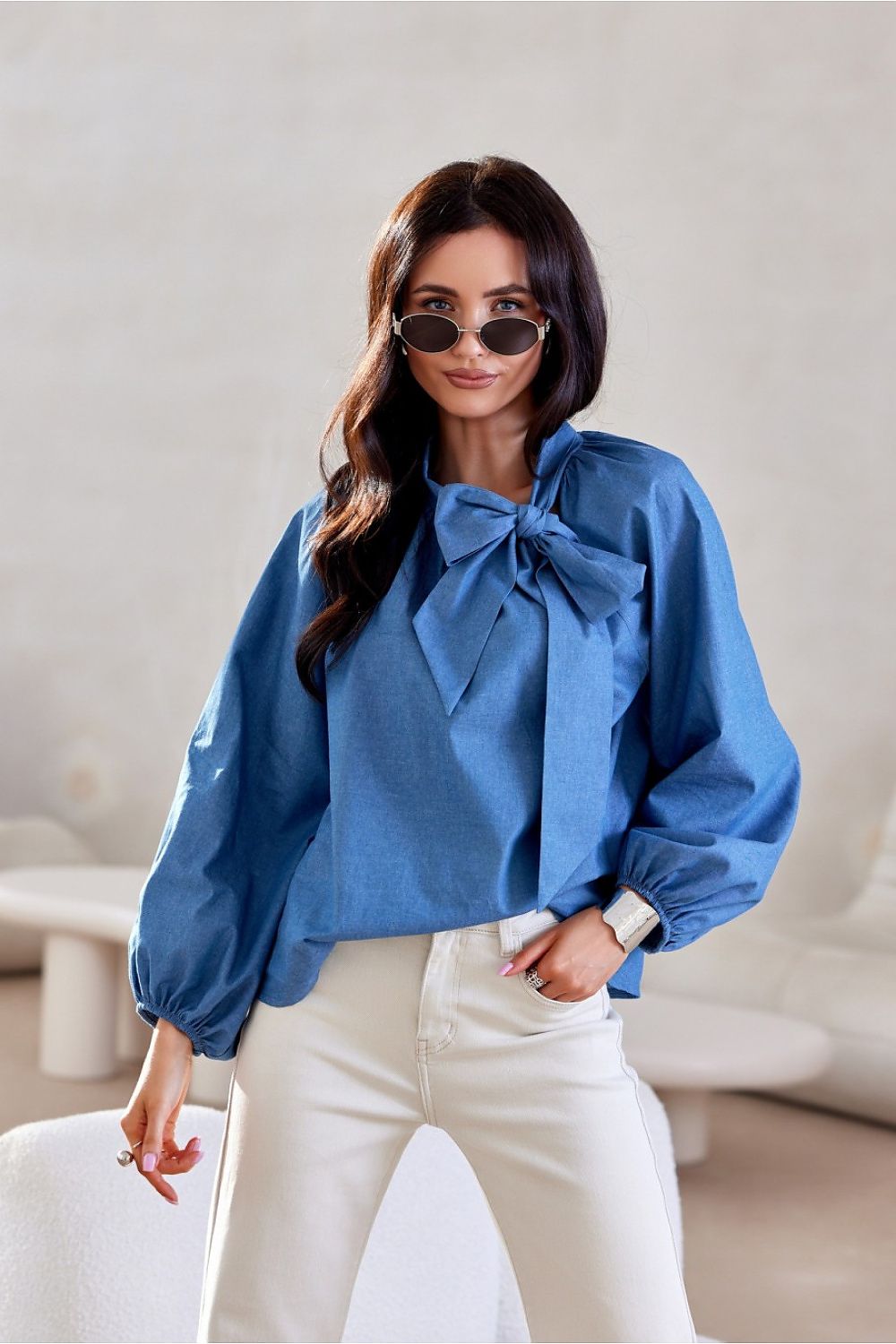 Roco Fashion Cotton Blouse with Long Puffy Sleeves, Decorative Lacing - Sizes EU 36 to 40