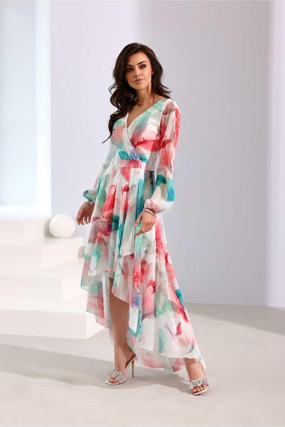 Roco Fashion Asymmetric Maxi Dress with Draped Neckline & Puffy Sleeves, Sizes EU 34-46