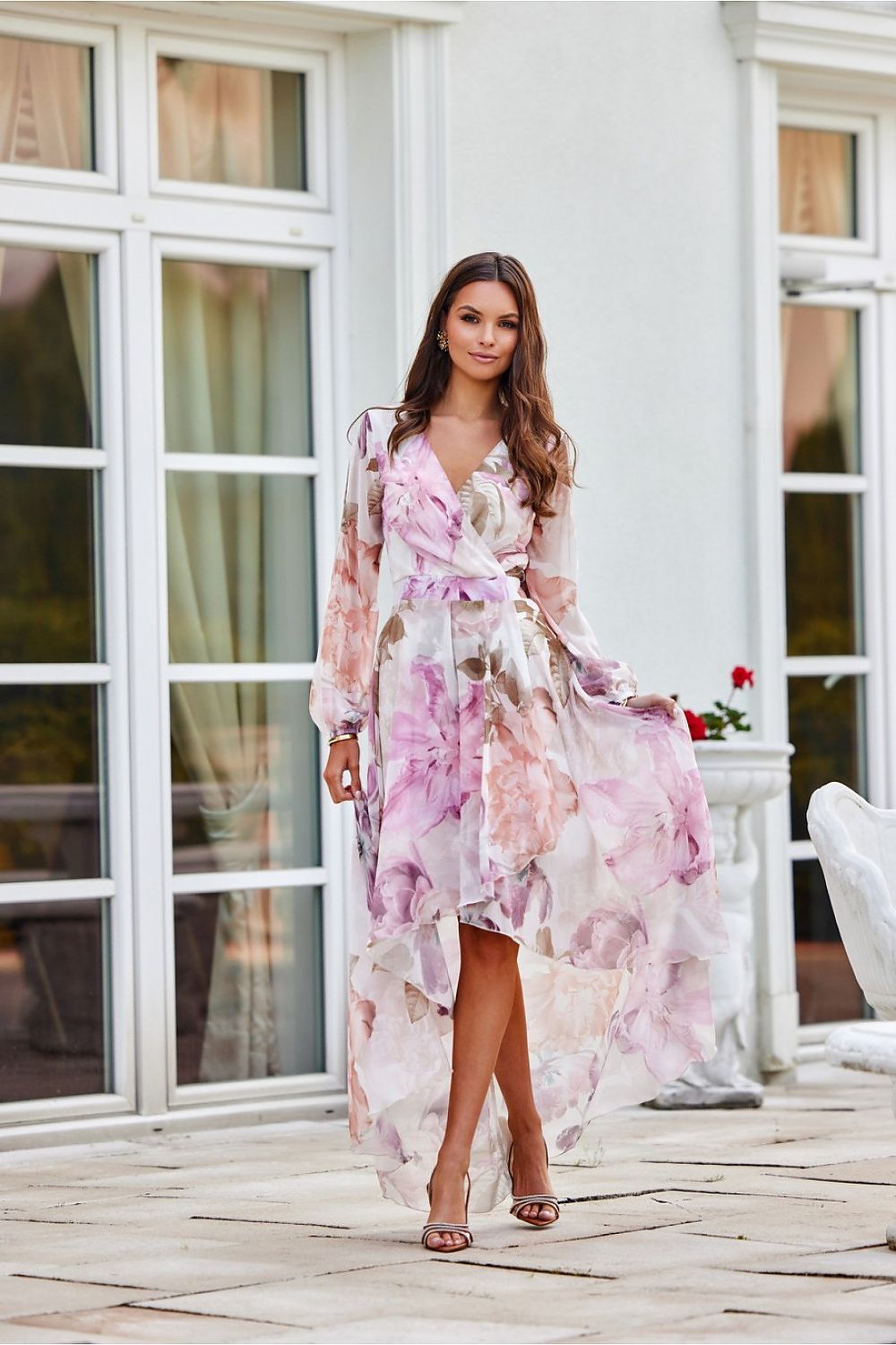Roco Fashion Asymmetric Maxi Dress with Draped Neckline & Puffy Sleeves, Sizes EU 34-46