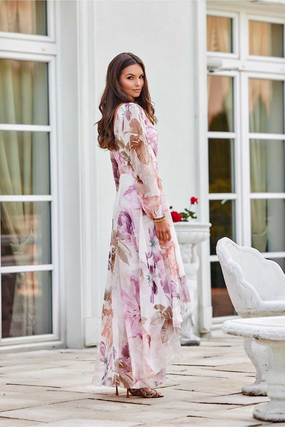 Roco Fashion Asymmetric Maxi Dress with Draped Neckline & Puffy Sleeves, Sizes EU 34-46