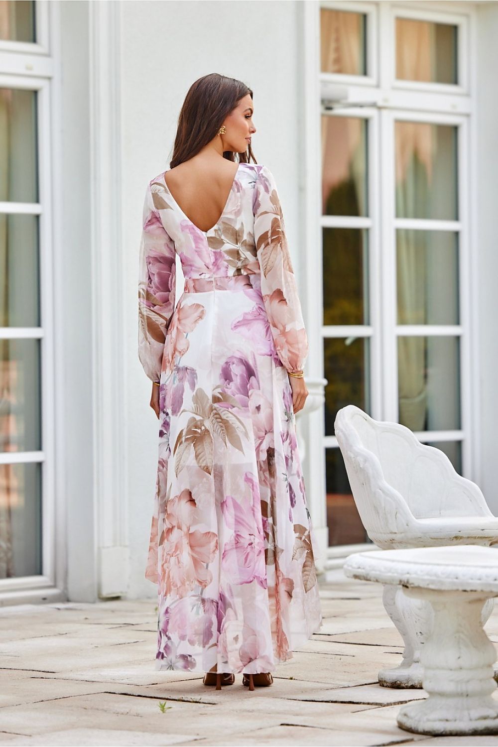 Roco Fashion Asymmetric Maxi Dress with Draped Neckline & Puffy Sleeves, Sizes EU 34-46
