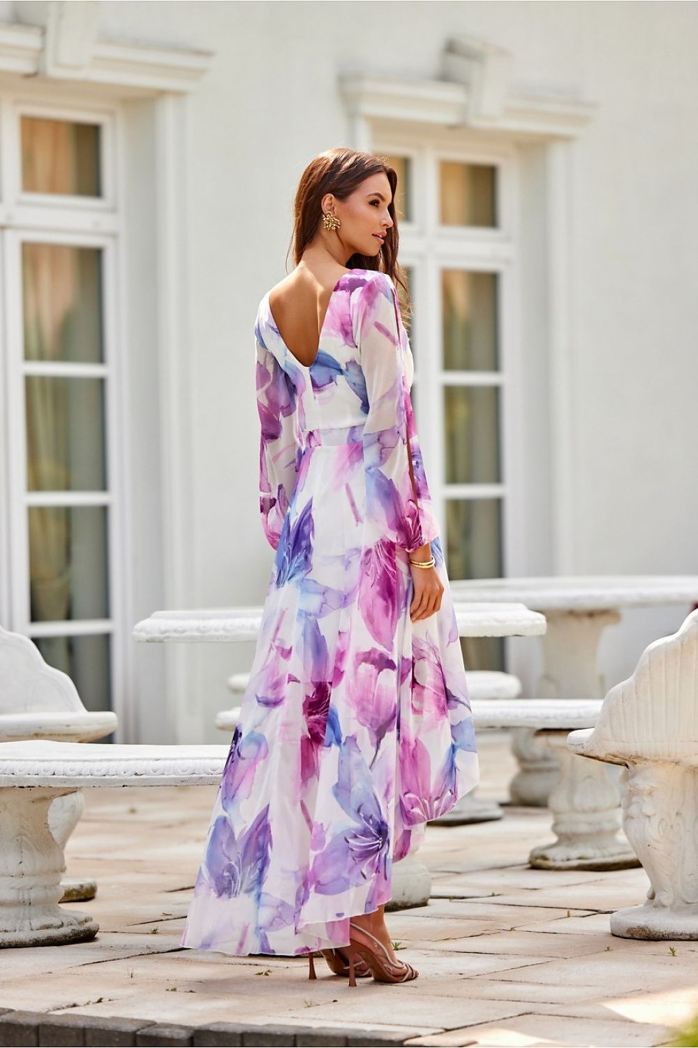 Roco Fashion Asymmetric Maxi Dress with Draped Neckline & Puffy Sleeves, Sizes EU 34-46