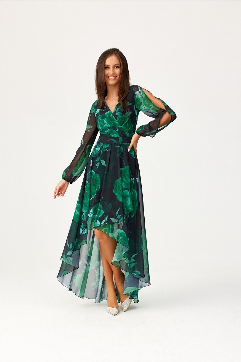 Roco Fashion Asymmetric Maxi Dress with Draped Neckline & Puffy Sleeves, Sizes EU 34-46