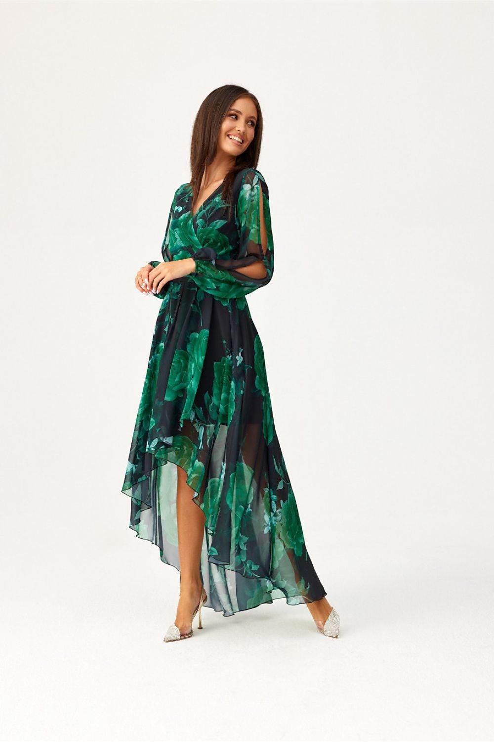 Roco Fashion Asymmetric Maxi Dress with Draped Neckline & Puffy Sleeves, Sizes EU 34-46