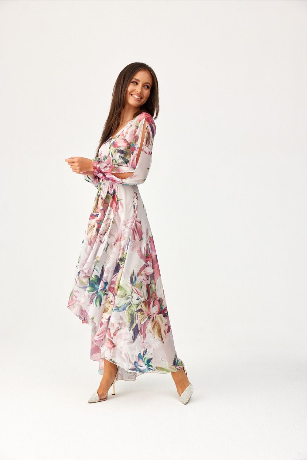 Roco Fashion Asymmetric Maxi Dress with Draped Neckline & Puffy Sleeves, Sizes EU 34-46