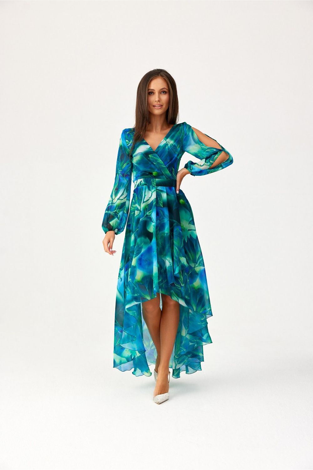 Roco Fashion Asymmetric Maxi Dress with Draped Neckline & Puffy Sleeves, Sizes EU 34-46