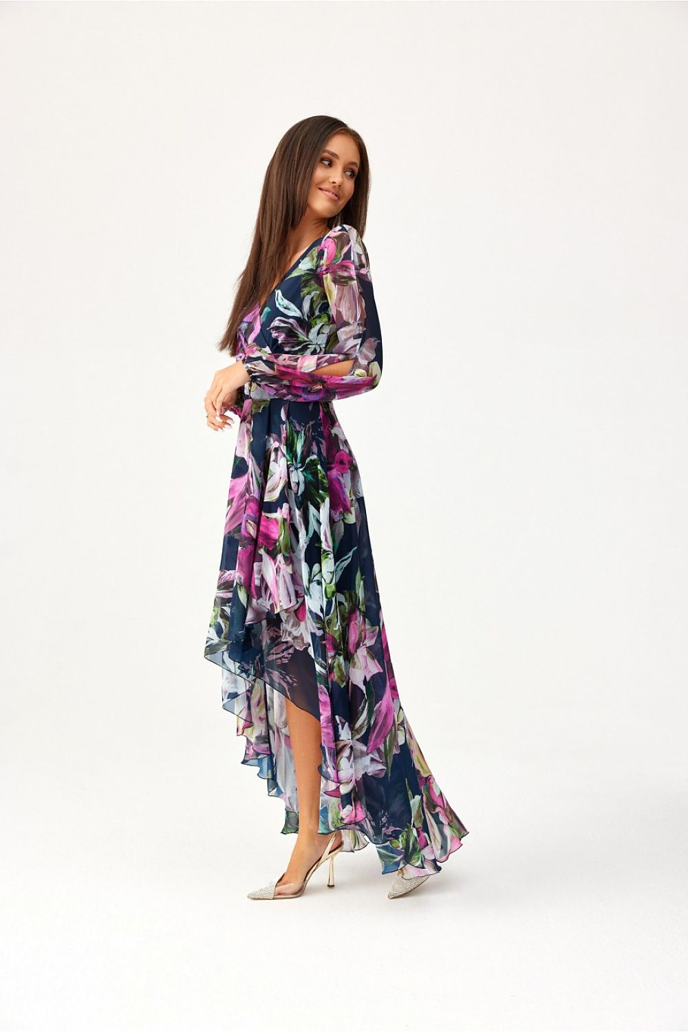 Roco Fashion Asymmetric Maxi Dress with Draped Neckline & Puffy Sleeves, Sizes EU 34-46