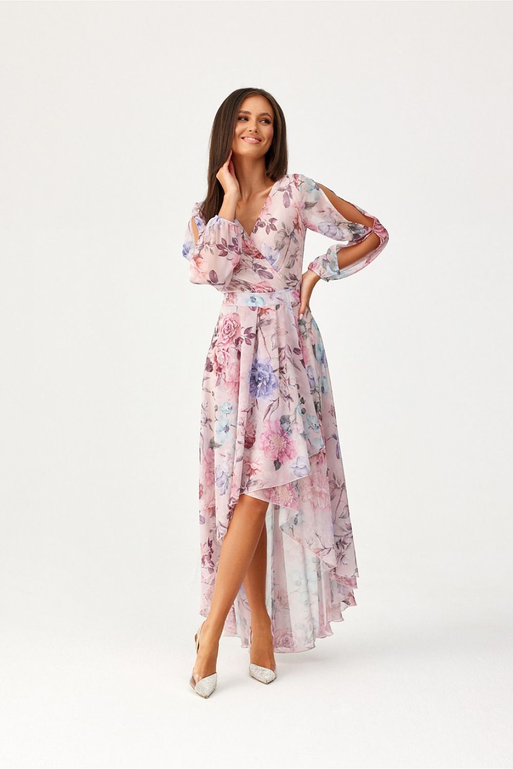 Roco Fashion Asymmetric Maxi Dress with Draped Neckline & Puffy Sleeves, Sizes EU 34-46