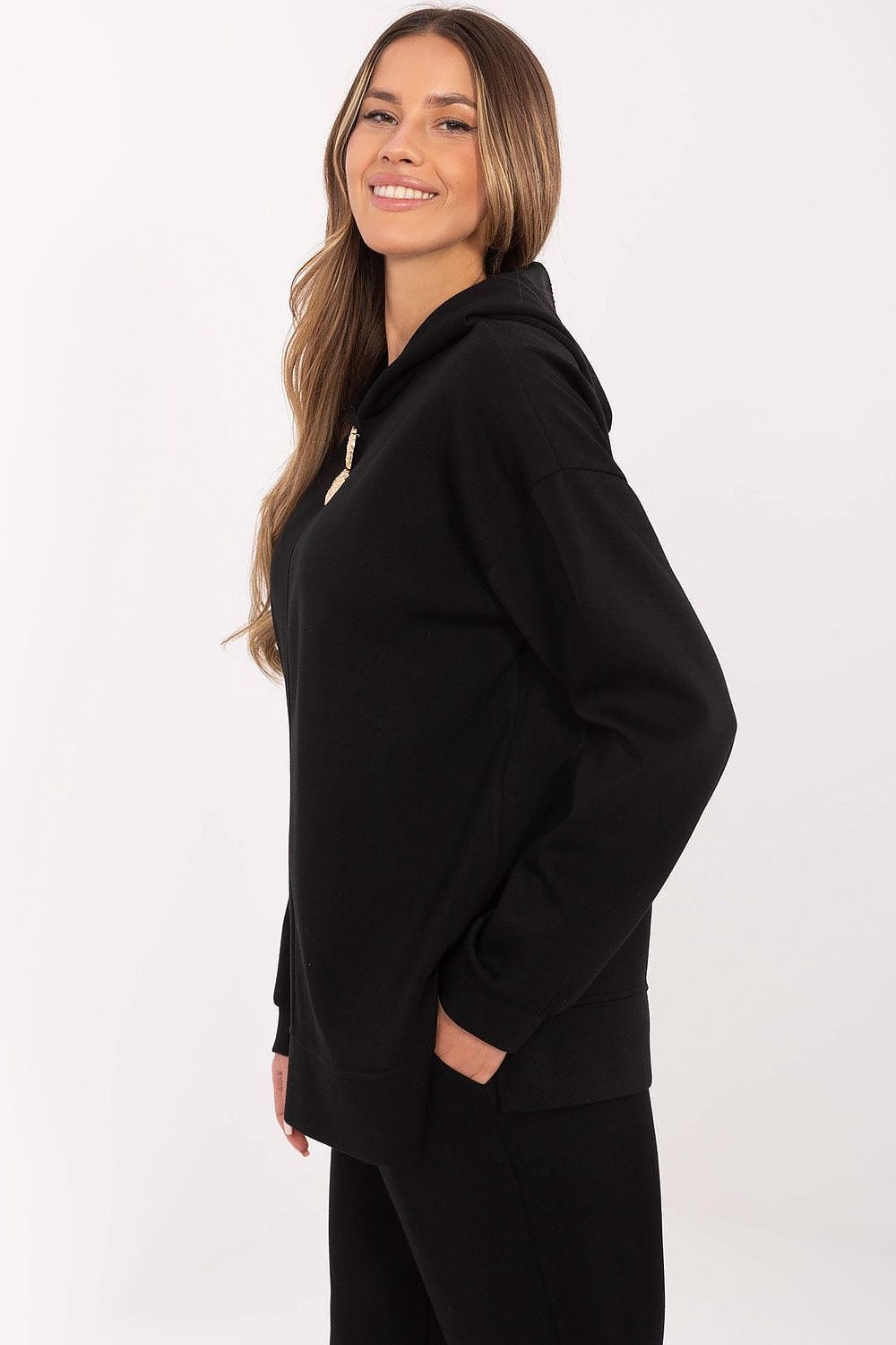 Italy Moda Women's Sweatshirt Blouse, EU Sizes 0, Soft Polyester Blend, Detachable Brooches, Unique Side Slits