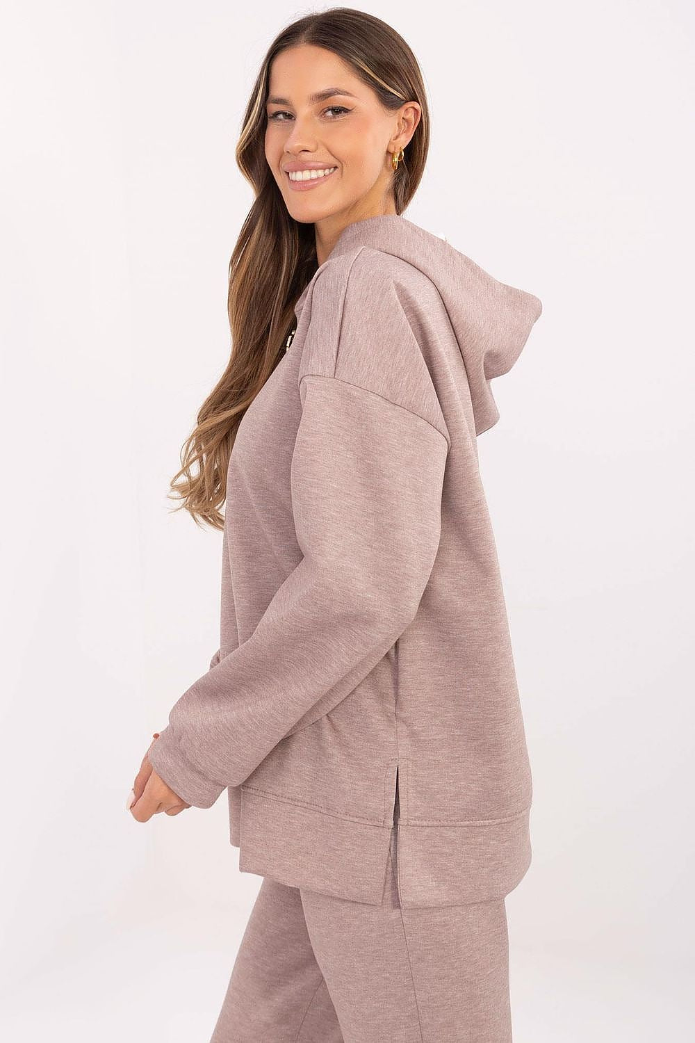 Italy Moda Women's Sweatshirt Blouse, EU Sizes 0, Soft Polyester Blend, Detachable Brooches, Unique Side Slits