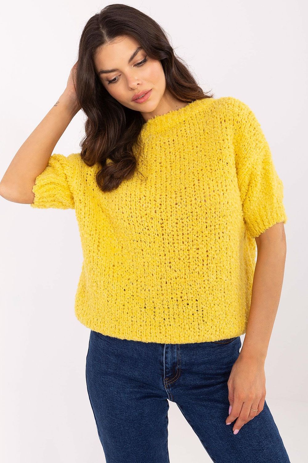 Luxury Women's Short Sleeve Sweater by Italy Moda, EU Size 0, Elegant Acrylic-Wool Blend