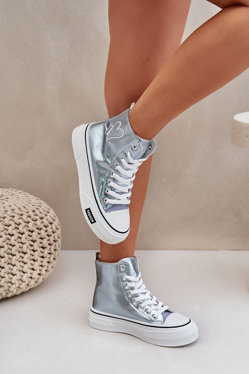 Women's Eco Leather Sneakers with 4 cm Platform, Heart Detail, EU Sizes 36-41