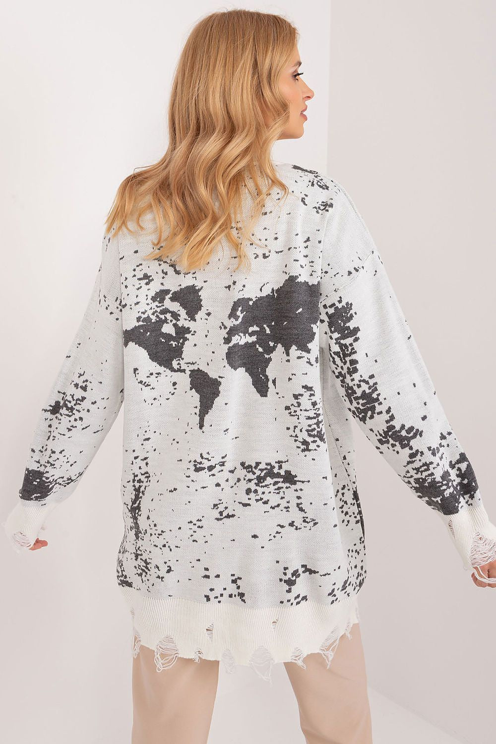 Oversized Women's Acrylic Wool Sweater, Long Fit, Unique Print & Decorative Cuffs, EU Size 0