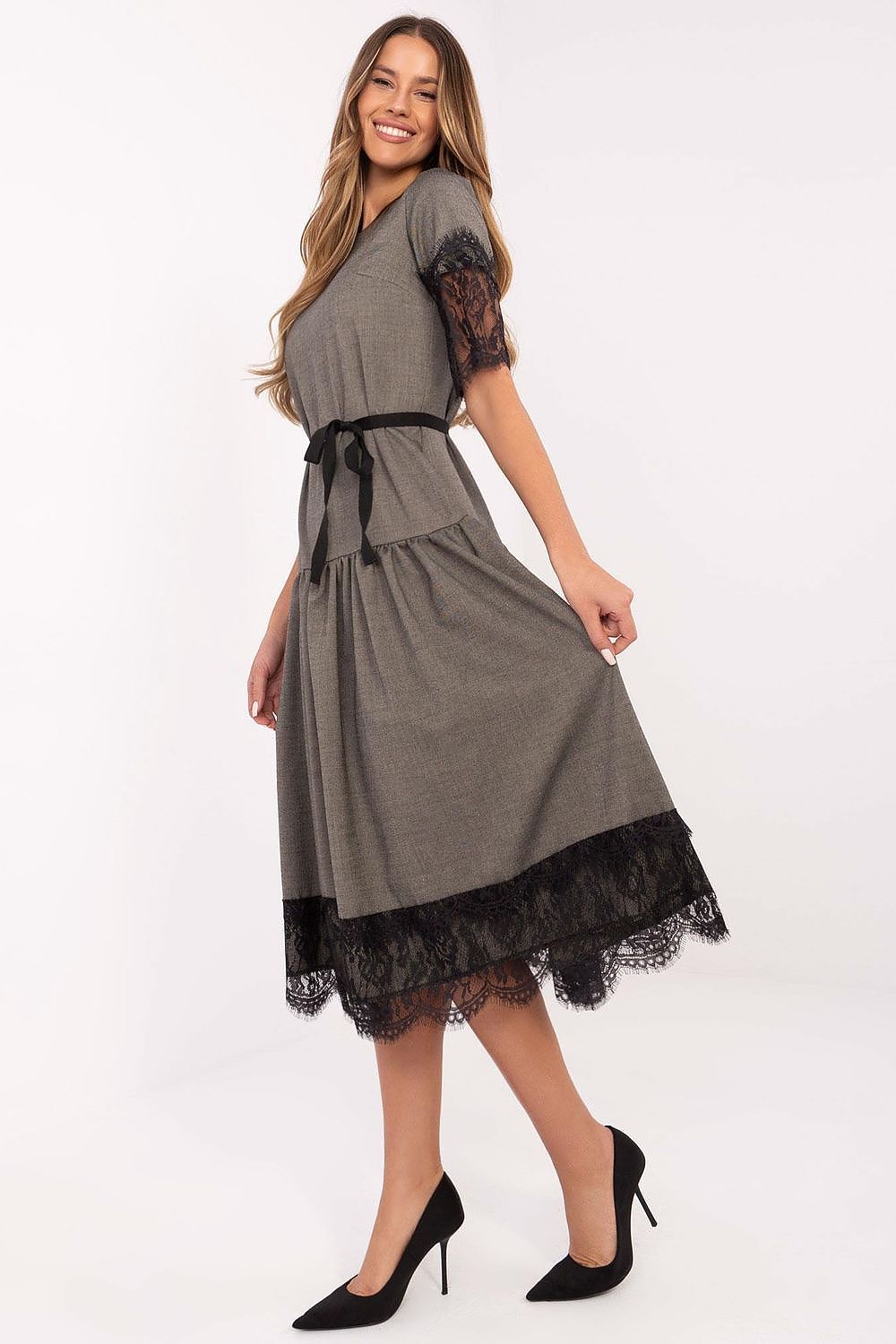 Elegant Wool Cocktail Dress by Lakerta | Midi Length, Lace Sleeves, Size EU 36-42