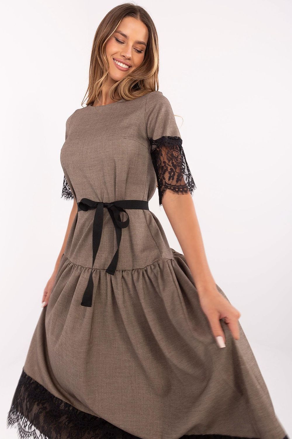 Elegant Wool Cocktail Dress by Lakerta | Midi Length, Lace Sleeves, Size EU 36-42
