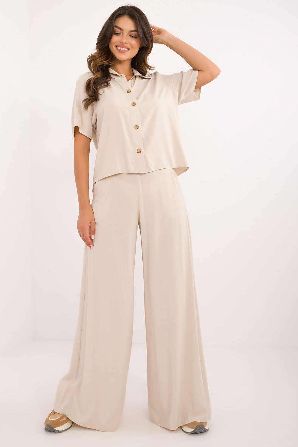 Elegant Viscose Set With High Waist Trousers And Classic Cut Shirt | EU S/M | US S/M