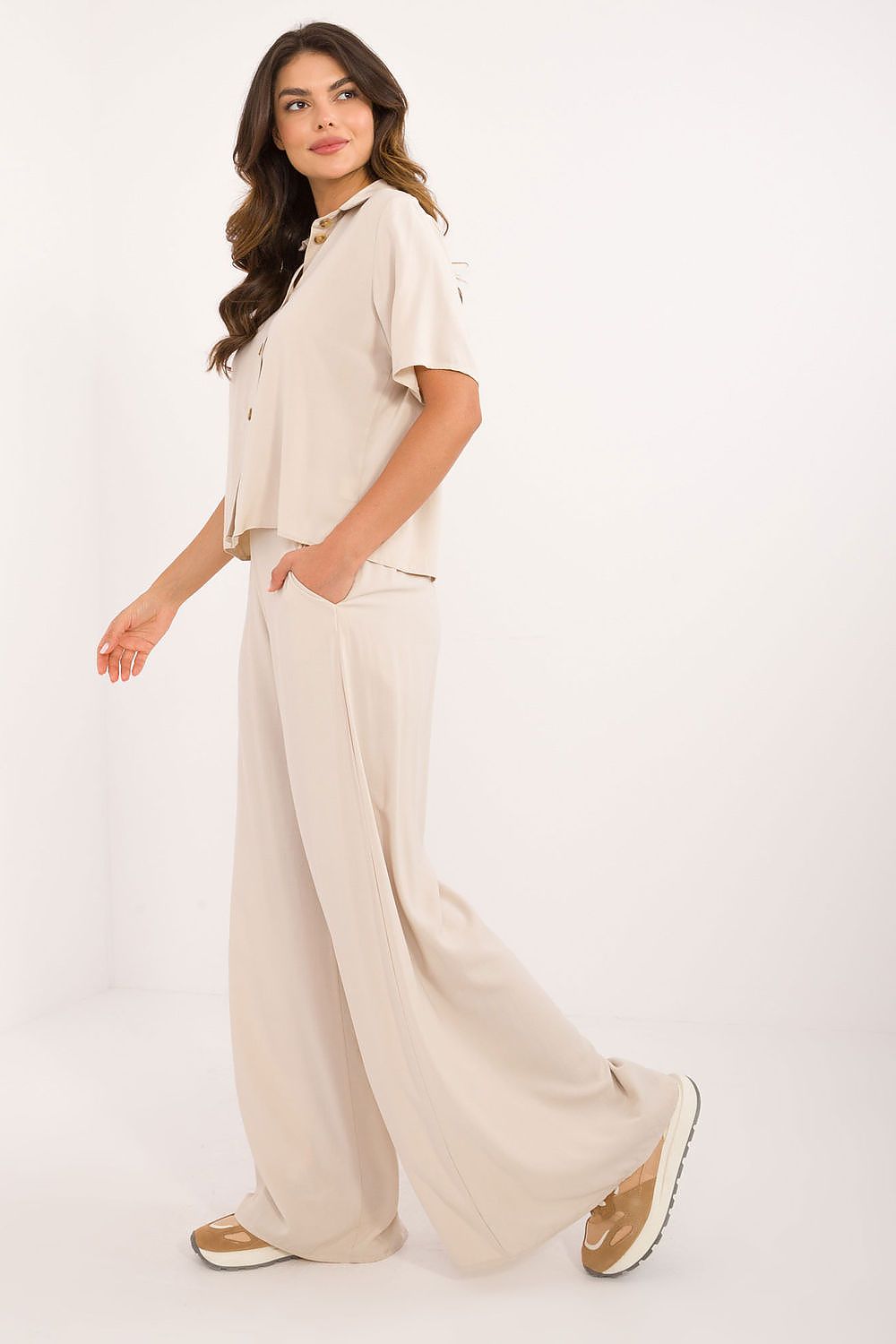 Elegant Viscose Set With High Waist Trousers And Classic Cut Shirt | EU S/M | US S/M
