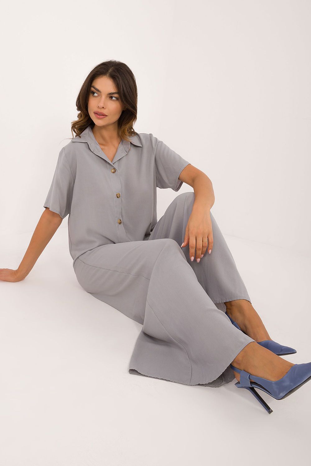 Elegant Viscose Set With High Waist Trousers And Classic Cut Shirt | EU S/M | US S/M