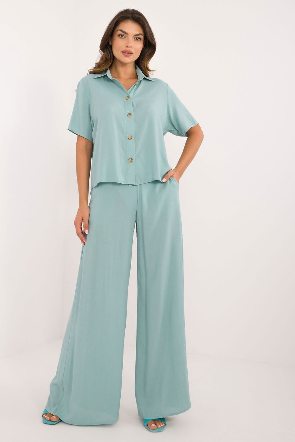 Elegant Viscose Set With High Waist Trousers And Classic Cut Shirt | EU S/M | US S/M