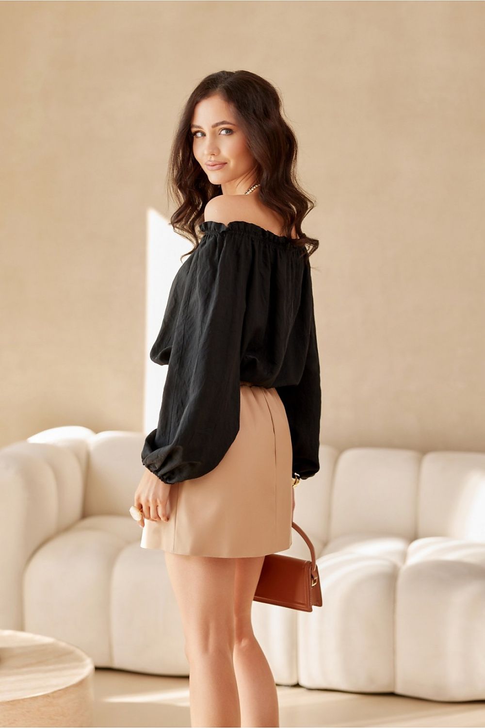 Stylish Mini Leather-Like Trapeze Skirt with Pockets by Roco Fashion for Autumn-Winter